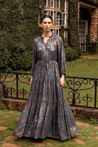 Cuff Sleeve Tie Waist Maxi - Charcoal