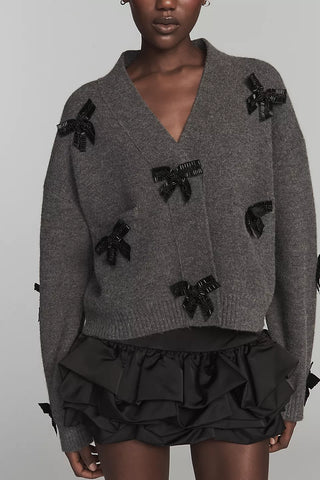 Bow-Embellished Crop Cardigan Sweater