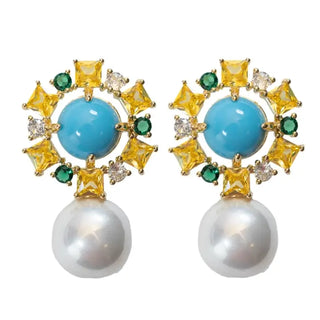 Palm Beach Glam Vintage Pearl Turquoise Statement Earrings