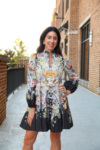 Long Sleeve Floral Short Dress with Novelty Buttons-Multi